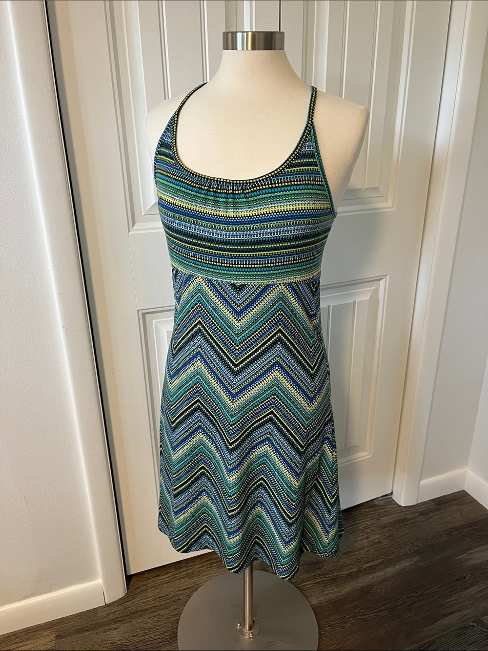 Dakini Blue and Green Striped Chevron Mini Dress